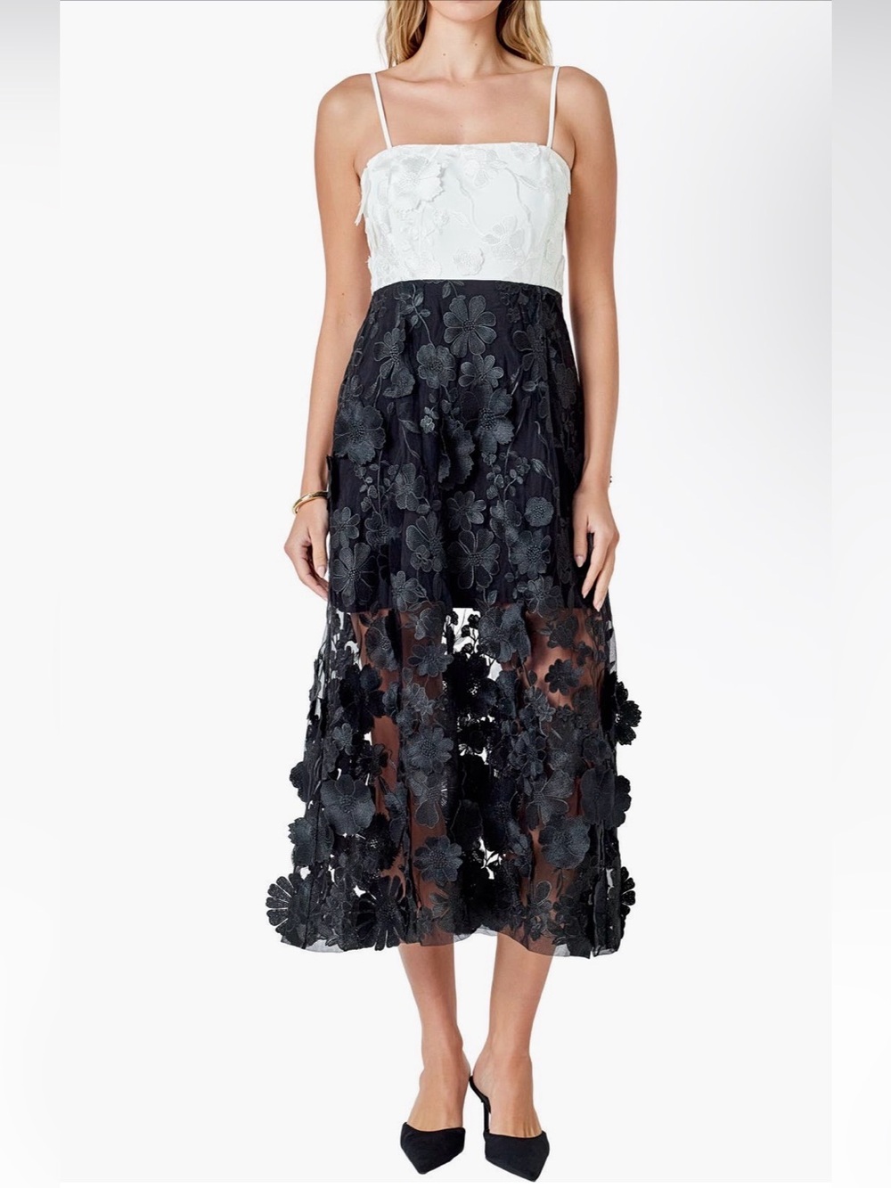 Endless Rose Black and White Floral Appliqué Midi Dress - Medium